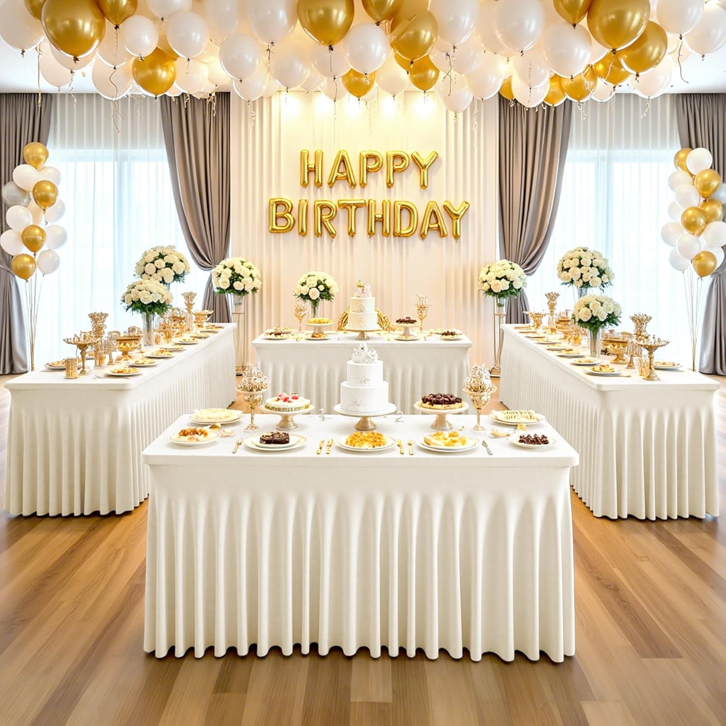 2 Pack 8ft Ivory Spandex Table Cloths for Rectangle Tables Wrinkle Free Ivory Rectangle Tablecloths, Stretch Fitted Table Cover with Skirt for Wedding Birthday Party Banquet Baby Shower Buffet Event