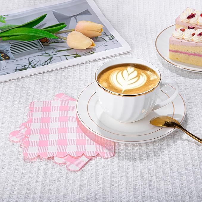 100 Pcs Pink Napkins Scalloped Plaid Cocktail Napkins Folded 5 x 5 Inches Disposable Napkins for Wedding Birthday Party