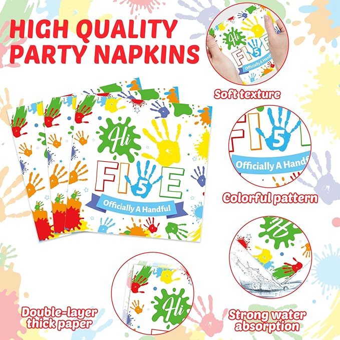 96Pcs Hi Five Birthday Party Supplies Colorful High 5 Year Old Birthday Paper Plates Napkins Hi FIVE Party Decorations Kids Girls Boys 5 Years Old Dinnerware Favor Tableware Serves 24