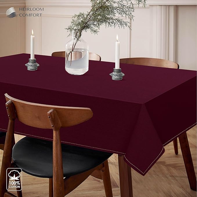 Burgundy Wine Tablecloth, 100% Cotton, 60x102 Inch, Fits 8-10 Seats, Soft, Washable, Wrinkle Resistant, Rectangle Dining Table Cover for Anniversaries, Decor, Holiday, Dinner, Events