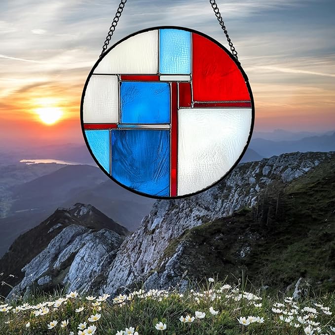 Stained Glass Window Hanging 4 Pcs Set Abstract Flowers in Red White Blue Large 15" - Suncatcher Door Garden Sun Catcher Decor Birthday Mother's Day Xmas Gift for Mom Woman Nana Men Parents