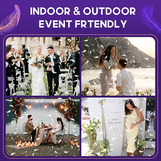 White Feather Confetti Cannon 12 Pack, 12" Biodegradable Wedding Confetti Poppers with Slow-Falling Real Feathers, Premium Party Poppers for Wedding Send Off, Bridal Shower & Celebrations