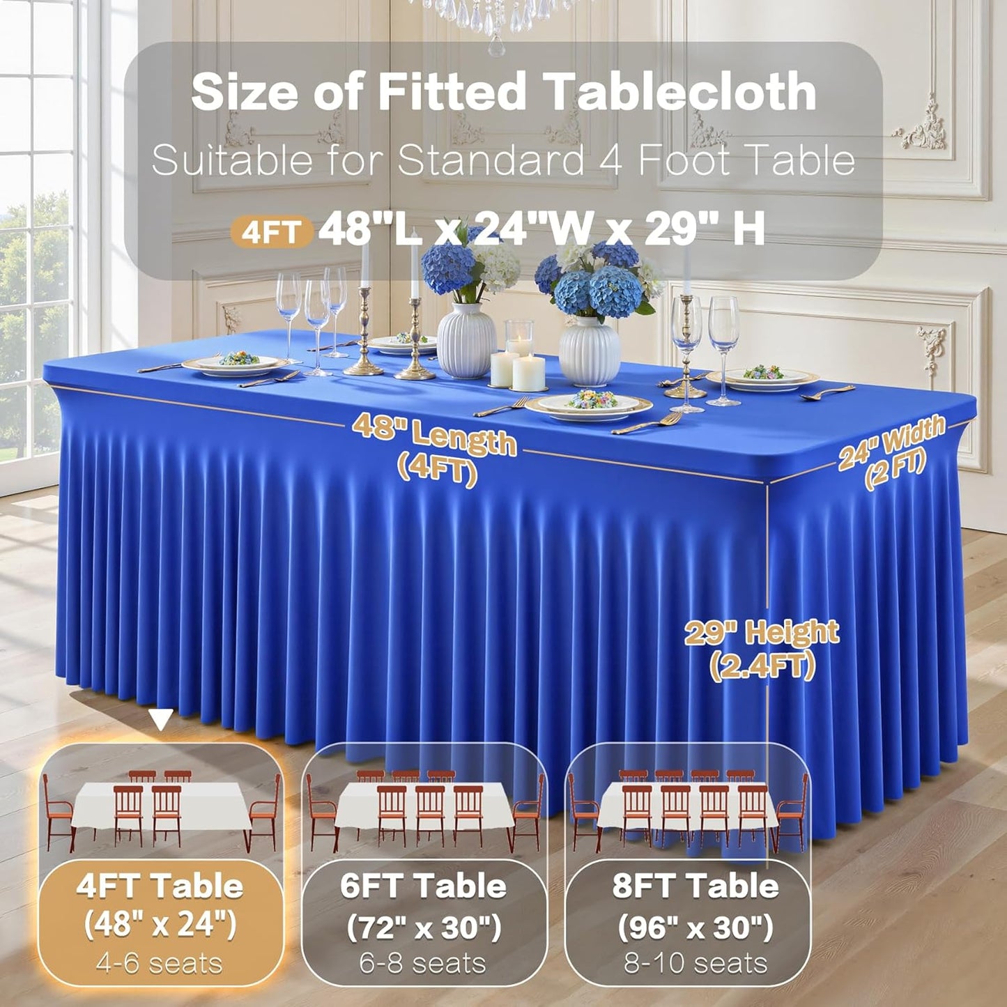 2 Packs Royal Blue Tableclothes for 4 Foot Rectangle Table,Wrinkle Free Spandex Tablecovers 4FT Stretch Fitted Table Cloth with Skirt for Birthday Parties Graduations Event Wedding Banquet