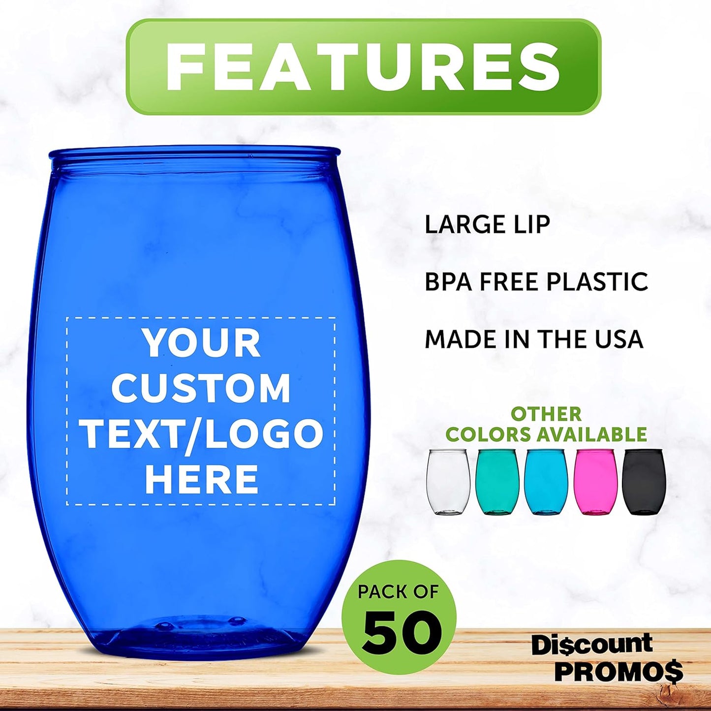 Custom Plastic Stemless Wine Glasses 16 oz. Set of 50, Personalized Bulk Pack - BPA Free, Great for Outdoor Lounges, Poolside, Parties and Other Events - Blue