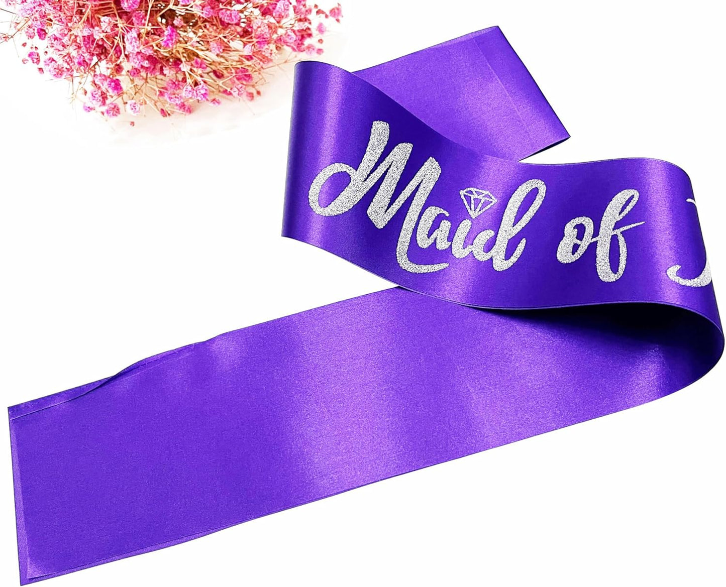 Maid of Honor Sash, Purple Sash with Silver Glitter Letter Bachelorette Party Sash for Bridal Shower Wedding Party Accessories Supplies Engagement Gifts