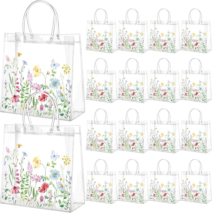 Kacctyen 24 Pcs Gift Bags for Party Favor Clear Goodie Bags with Handle 7.87 x 7.87 x 3.15 Return Gift Wrap Totes for Guests Treat Candy Wrapping(Colorful Wildflowers)