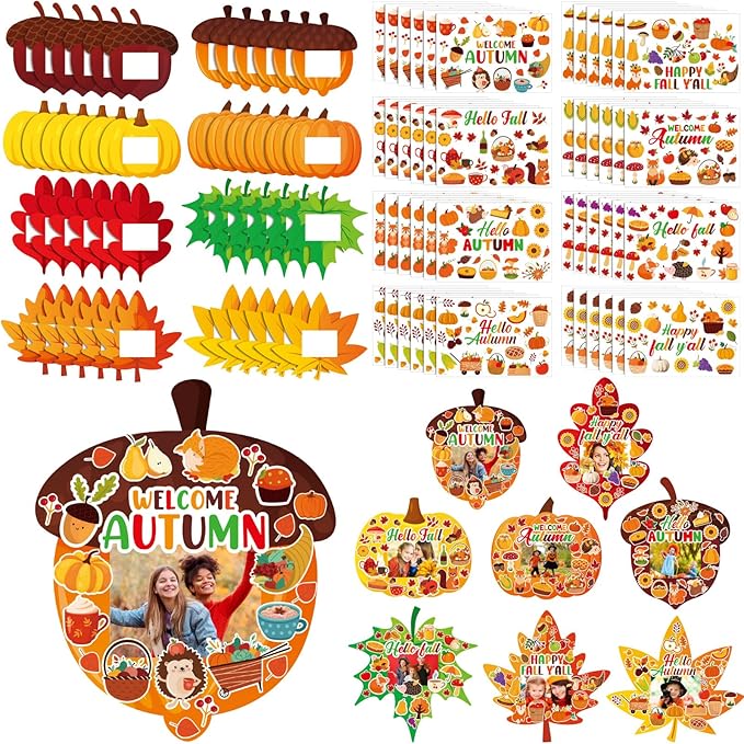 Jetec 48 Packs Thanksgiving Picture Frame Craft Kits Fall DIY Photo Frame with Stickers Make Your Own Picture Craft for Thanksgiving Autumn Home Classroom Decor