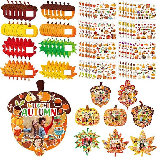 Jetec 48 Packs Thanksgiving Picture Frame Craft Kits Fall DIY Photo Frame with Stickers Make Your Own Picture Craft for Thanksgiving Autumn Home Classroom Decor
