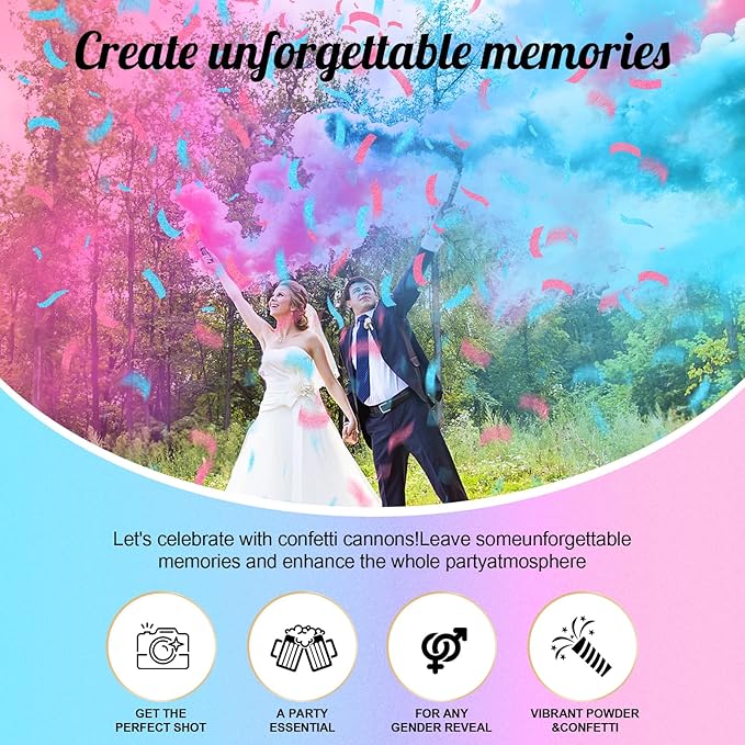 Gender Reveal Confetti Cannon,2 Blue 2 Pink Safty Corn Powder Smoke Party Poppers Shoots 20-25ft,12 inch Upgrade Firmware Baby Shower Gender Reveal Party Supplies