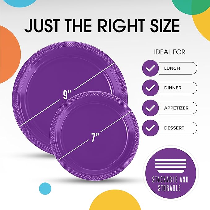 Party Solids Purple Plastic Plates For Party Supplies, Purple Disposable Plates 100 Pieces - 50-7" & 50-9" Heavy Duty 350 GSM Disposable Dinnerware Sets, Plastic Dinnerware Sets