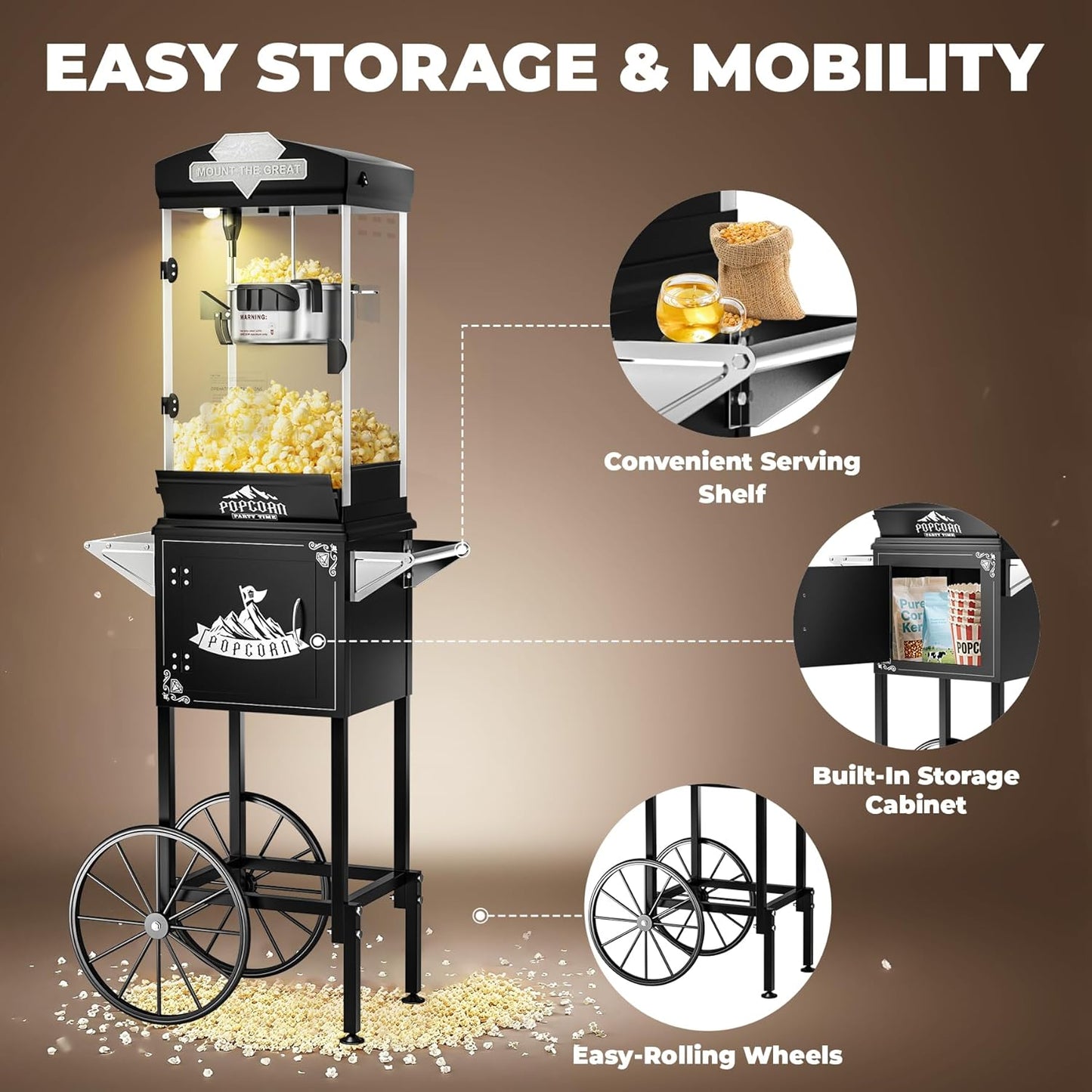 Popcorn Machine Cart with Wheel, 10 oz Popcorn Maker Machine with Stainless-Steel Kettle Makes Up to 40 Cups, Vintage Movie Theater Style Pop Corn Machine, Black