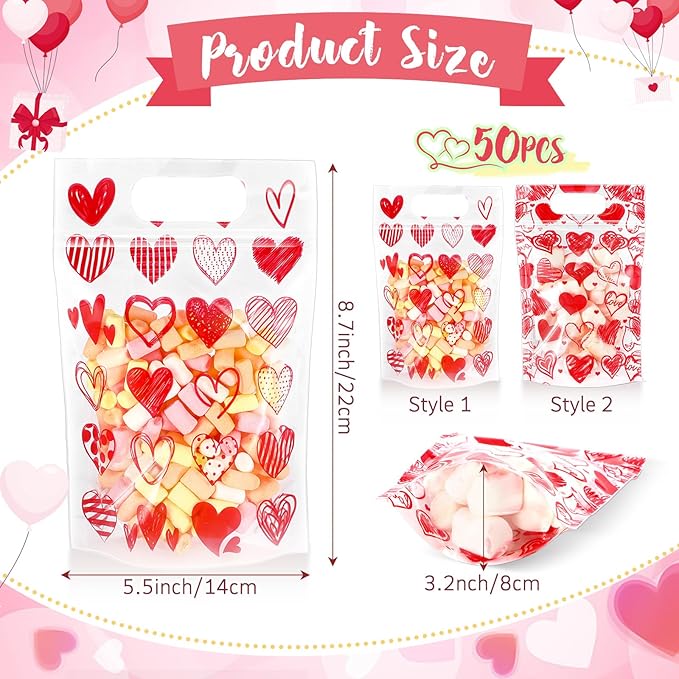 Blosssound 50 Pcs Valentine's Day Gift Bags Valentines Standing Plastic Reusable Red Heart Bag with Handles Galentines Day Wrapping Pouch for Classroom Wedding Birthday Party Favor (Mixed Valentines)