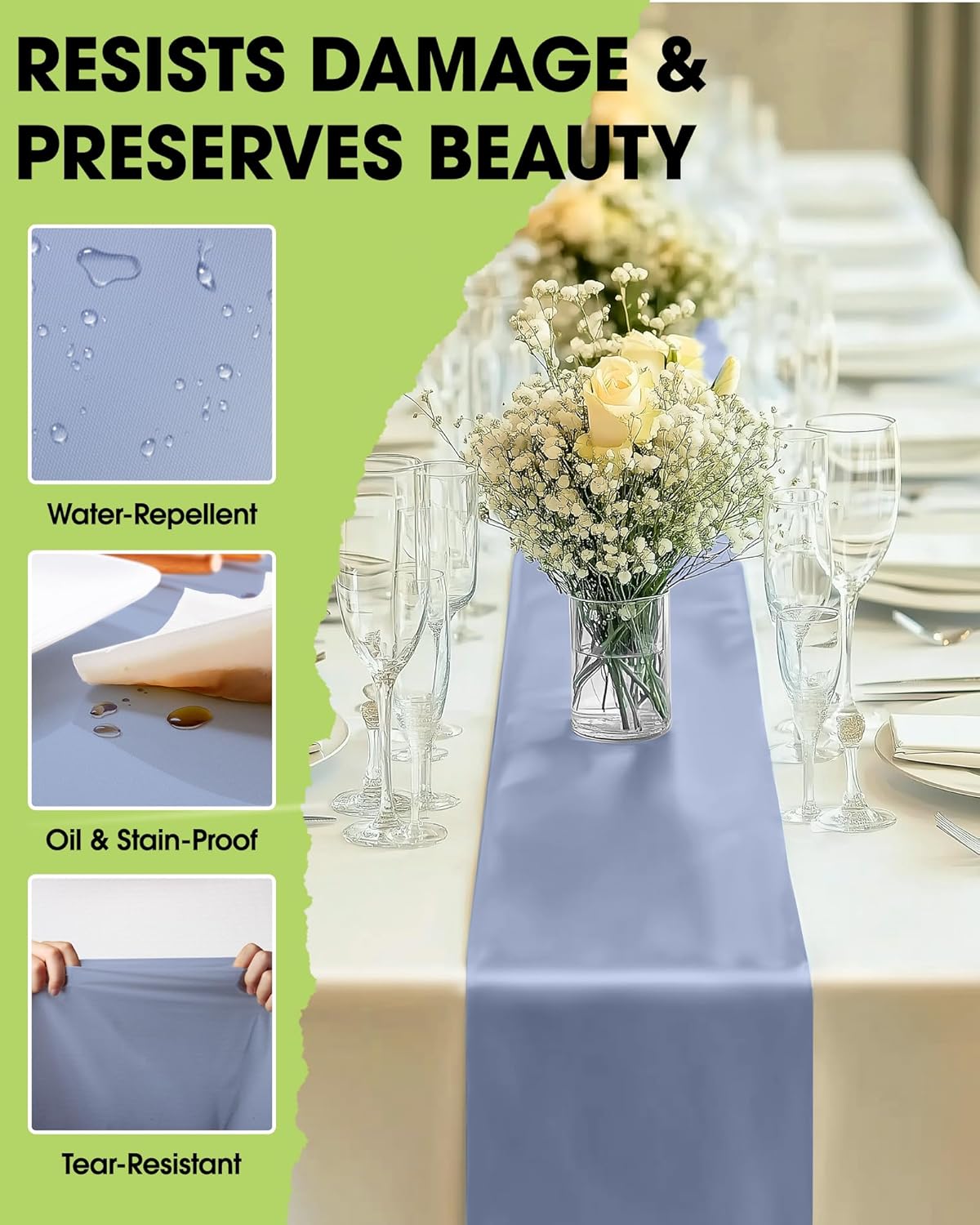 Pureegg Dusty Blue Plastic Table Runners - 30 Pack, 14'' x 108'', Water Resistant & Disposable Centerpiece Decorations for Table Cloth, Wedding, Birthday, Holiday, Baby Shower, Party, Home Decor