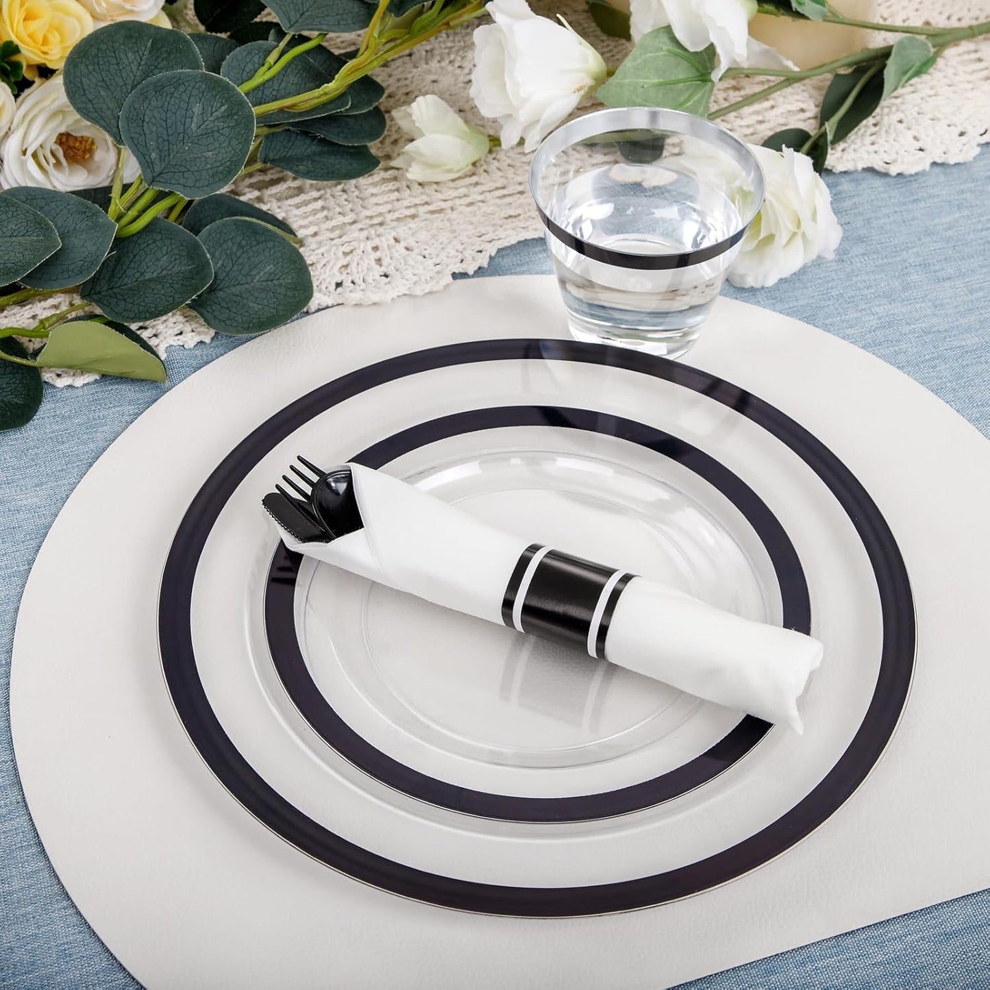I00000 350 Pcs Clear and Black Plastic Plates,Black Dinnerware Set, Include 50 Dinner and 50 Dessert Plates,50 Plastic Cups,50 Per Rolled Napkins with Cutlery for Party,Wedding,Halloween