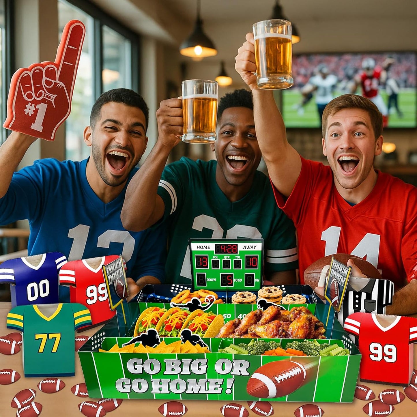 49-Piece Football Stadium Food Tray Kit – Paper Snack Boxes, Confetti and Large Stadium Tray for Game Day, Tailgate, Superbowl and Sports Party Supplies