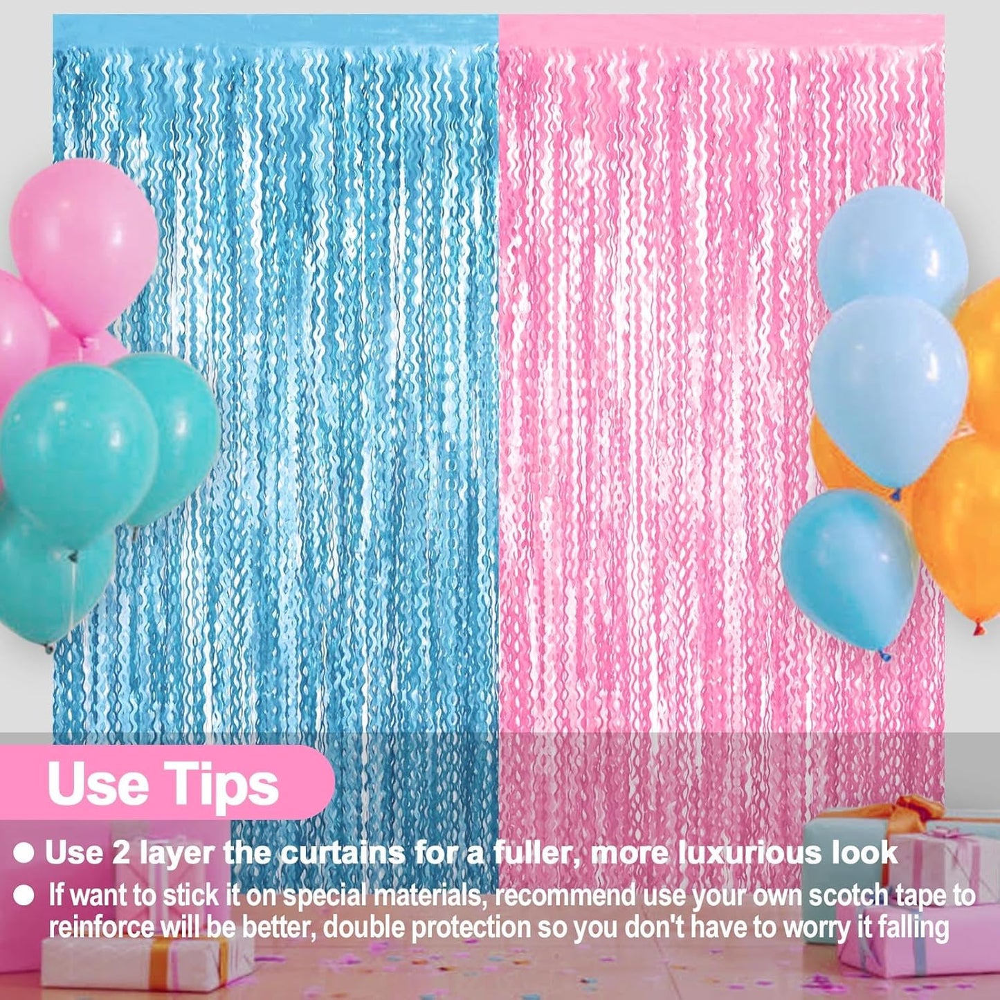 4 Pack Macaron Pink Blue Fringe Curtain Backdrop 3.2Ft x 8.2Ft Metallic Tinsel Foil Fringe Streamers Background for Photo Booth Mother's Day, Easter, Carnival, Birthday, Wedding Party Decoration