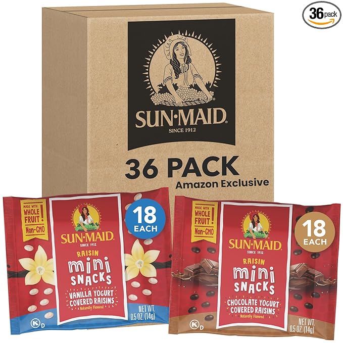 Sun-Maid Vanilla & Chocolate Yogurt Coated Raisins Variety Pack - (36 Pack) 0.5 oz Mini Snack-Size Bag - Yogurt Covered Dried Fruit for Lunches and Back to School Snacks (Amazon Exclusive)