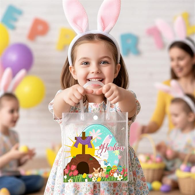 H1vojoxo Religious Easter Gift Bags - 24PCS He is Risen Christian Clear PVC Gift Bags with Handle for Kids Cross Print Reusable Goodie Treat Candy Snack Bag for Easter Church Party Favors Supplies