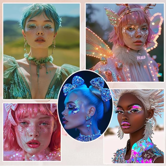 Face Body Glitter, Hair Glitter Sparkles Chunky Face Glitter Gel for Girls Makeup Singer Concerts Mermaid Festival Sequins Face Paint (White+Silver+Pink)