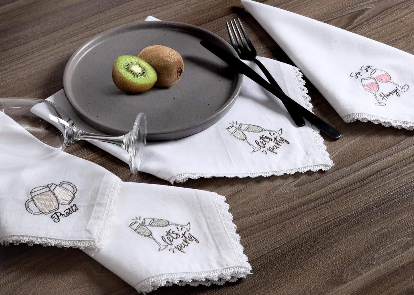 Bedding Craft Cotton Cloth Dinner Napkins Set of 12 – 18x18 Embroidered Motif with Decorative Lace Edges – Machine Washable Fabric Napkins for Weddings, Baby Showers, Christmas & Easter
