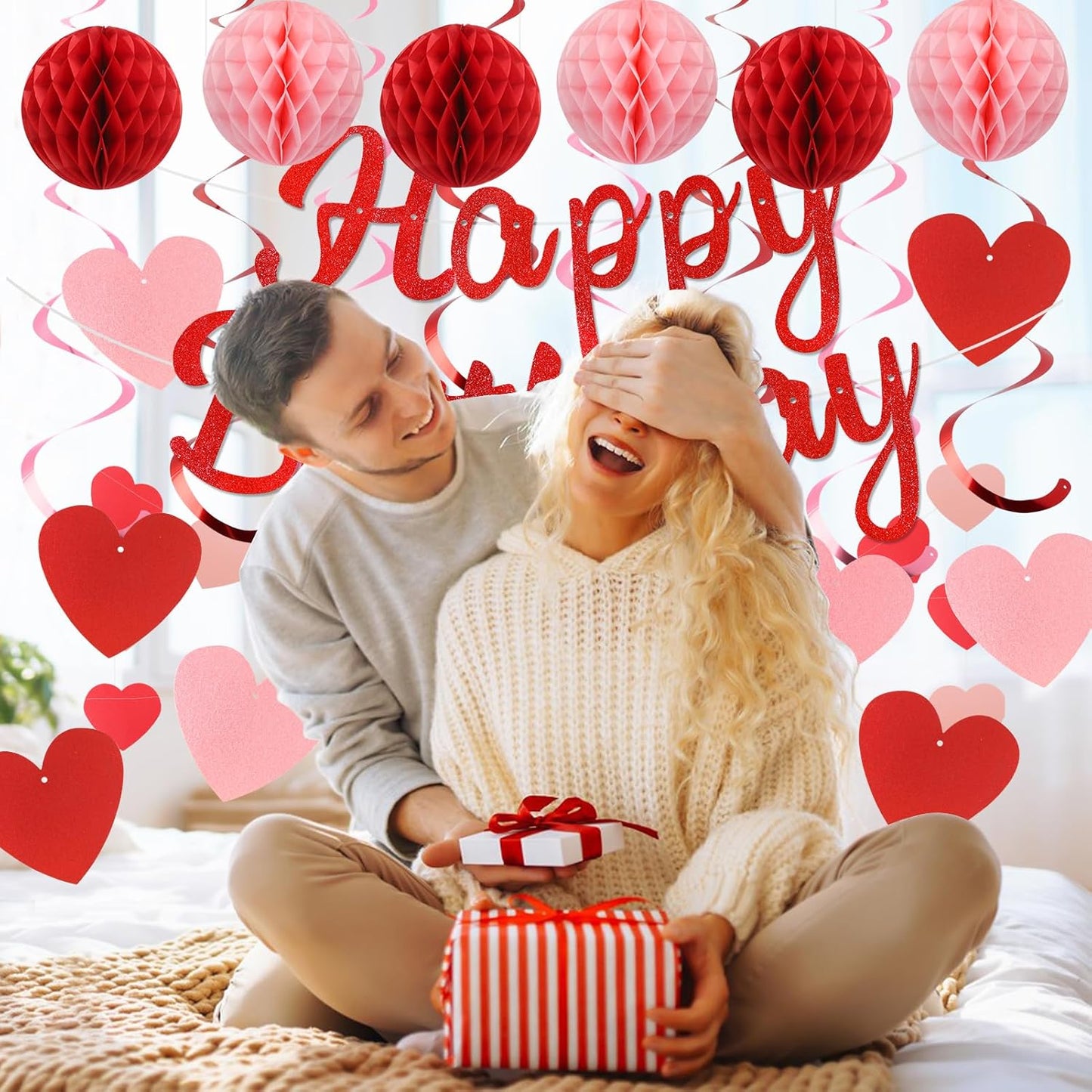 Birthday Decorations, NO DIY, Pre-Strung Happy Birthday Banner with Honeycomb Balls, Hanging Swirls, Circle Dots Garland, Happy Birthday Party Decorations for Women Men Boys Girls (Red)