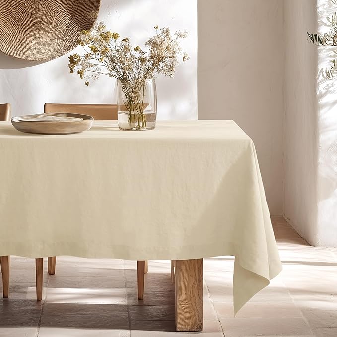 Linen World Linen Tablecloth - 100% French Linen Table Cloth 90" x 132" Inch,Washable Rectangular Tablecloth for Dining,Outdoor,Weddings and Restaurants,Decorative Thanksgiving Christmas,Sand Beige