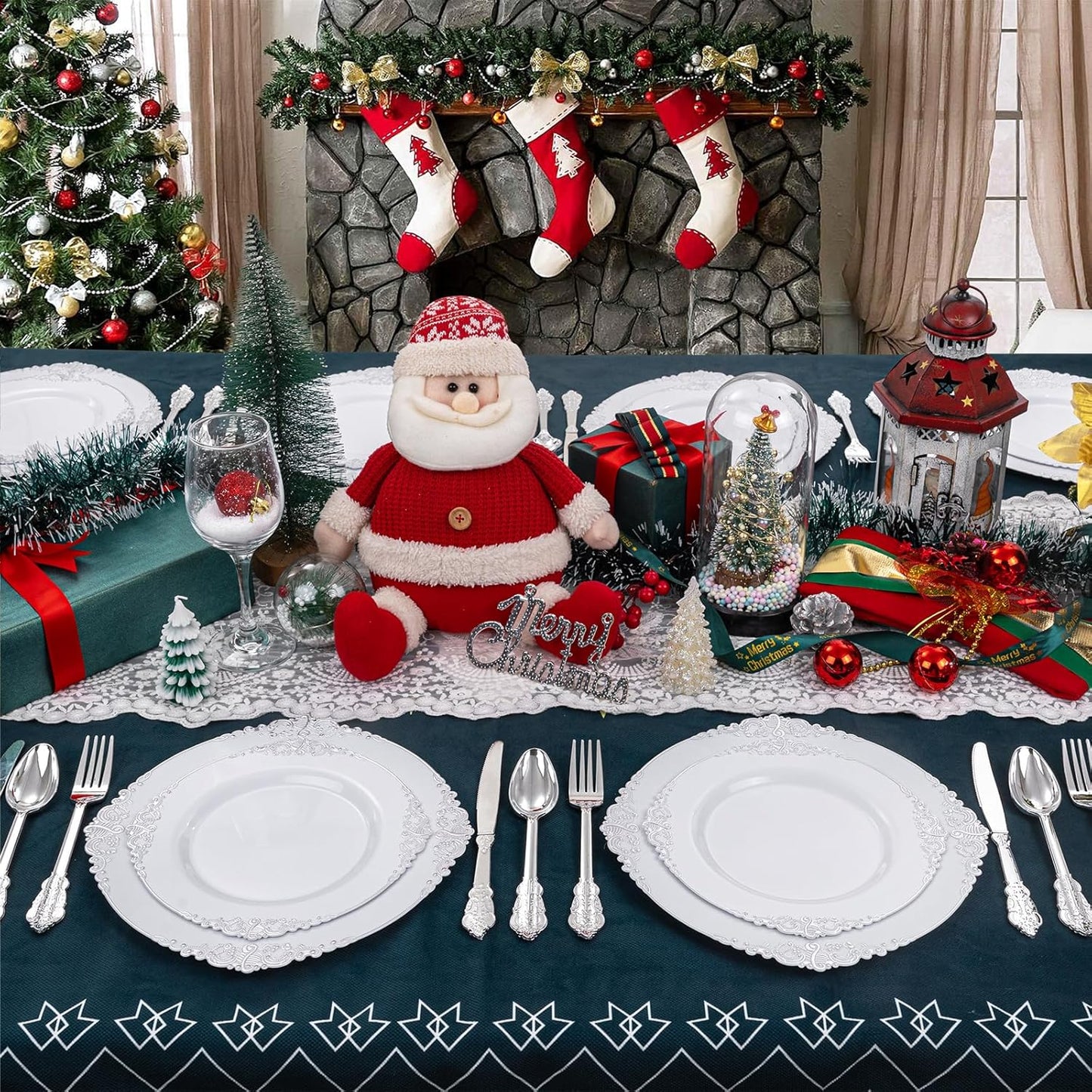 Liacere 150PCS Silver Plastic Plates with Silver Cutlery - Disposable Plastic Plates Include 30Dinner Plate, 30Dessert Plate, 30Knives, 30Spoons, 30Forks - Ideal for Wedding&Christmas