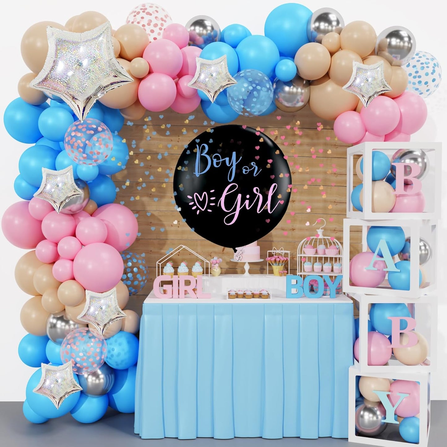 Amandir 164PCS Baby Boxes Gender Reveal Balloon Decorations, Pink and Blue Balloon Garland Kit 4pcs Boxes with Letters for Baby Shower Birthday Boy or Girl Gender Reveal Party Supplies