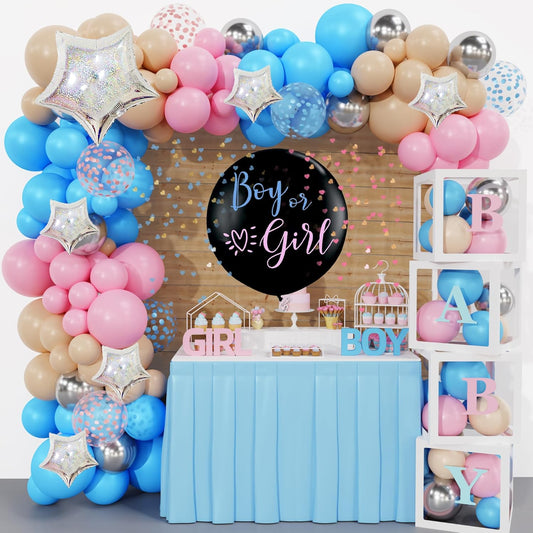 Amandir 164PCS Baby Boxes Gender Reveal Balloon Decorations, Pink and Blue Balloon Garland Kit 4pcs Boxes with Letters for Baby Shower Birthday Boy or Girl Gender Reveal Party Supplies