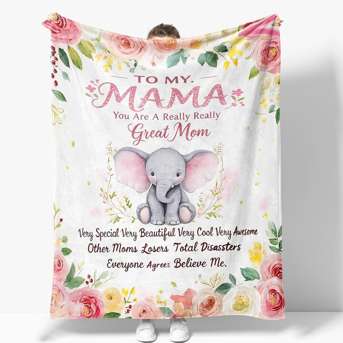 Mom Gifts from Daughters Son Rose Floral Blanket, Birthday Valentines Christmas Mothers Day White Elephant Presents for Mama from Dad, Soft Flannel Pink Red Roses Flower Throw Decor Couch Sofa 60"x50"