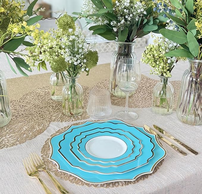 " OCCASIONS " 40 Pieces 13.25'' Scalloped Disposable/Reusable Plastic Charger Plates for Wedding, (Scalloped Imperial Aqua & Gold)