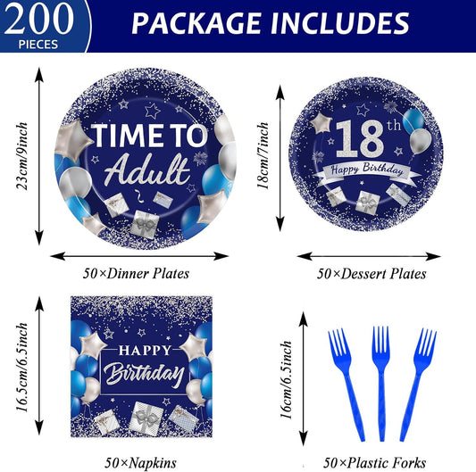 50 Guests 18th Birthday Party Supplies Decoration 18 Years Old Birthday Plates and Napkins Forks Time To Adult Tableware Blue Silver Happy 18th Birthday Party Paper Plates for Boys Girls Party 200PCS