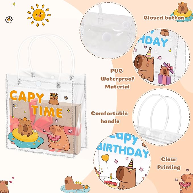 H1vojoxo Capybara Birthday Gift Bags - 24PCS Capybara Clear PVC Gift Bags with Handle 7.9x3.2x7.9 Inches Reusable Capy Time PVC Gifts Wrap Bag Just Be Cappy Tote Bag for Birthday Party Favor Supplies