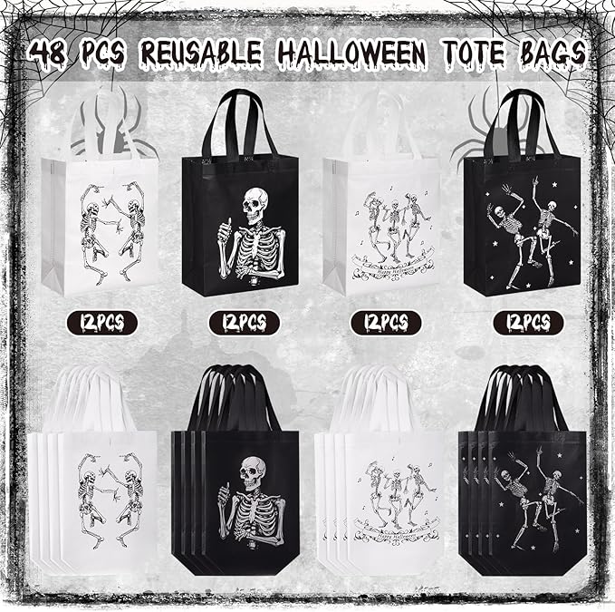 Wesnoy 48 Pcs Halloween Skeleton Gift Bags Party Favors Reusable Black White Non Woven Skull Goodie Candy Treat Tote Bags Bulk with Handles Hippie Dancing Skeleton for Birthday Party