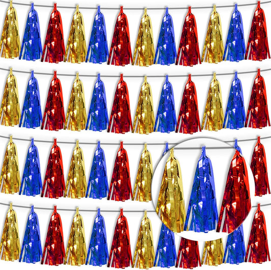 4P Gold Blue Red Tassel Banner Garland Metallic Foil Fringe Banner Tinsel Tassels Streamer Banner Backdrop for Parade Floats Graduation, Halloween, Christmas, Baby Bridal Shower Party Decorations
