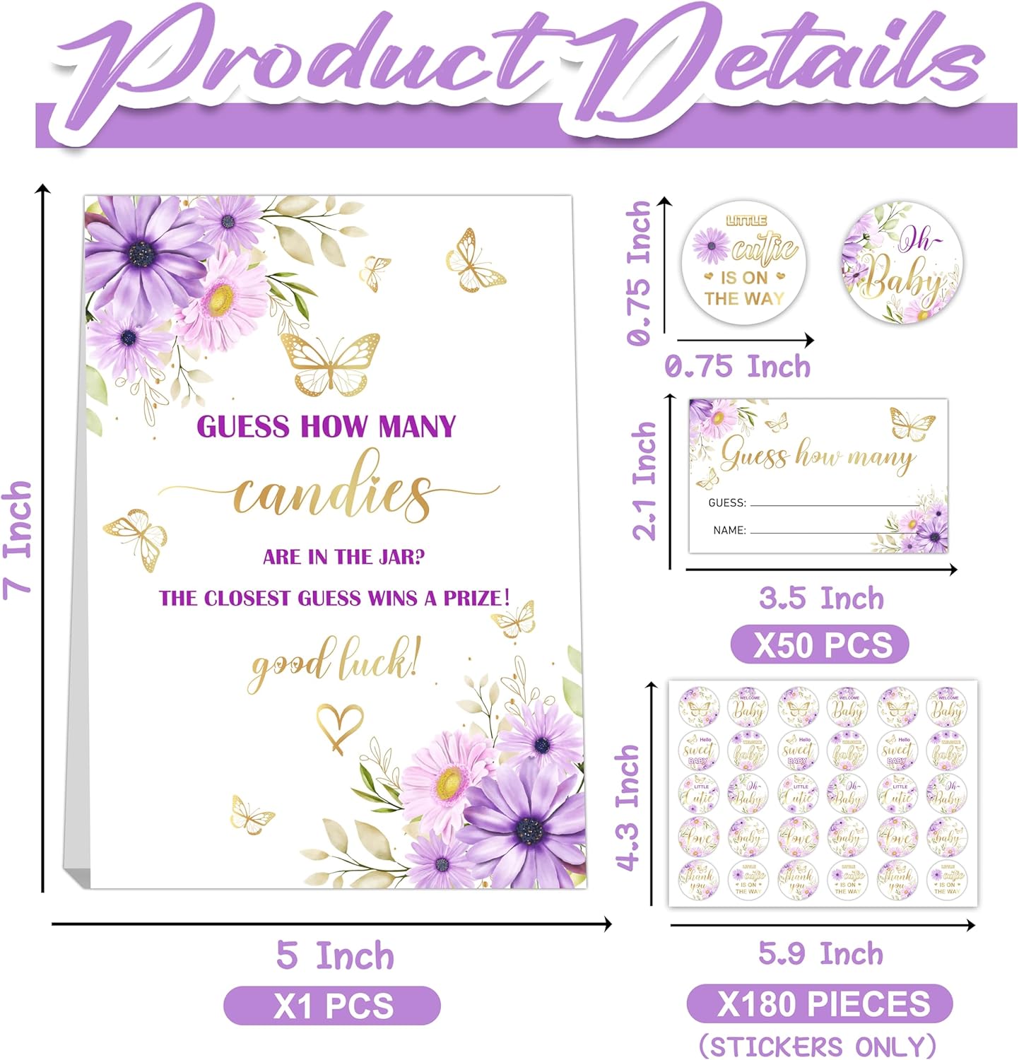 How Many Candies Baby Shower Games, How Many Candies Standing Sign 50 Guessing Cards 180 Baby Shower Candies Stickers, Guess How Many Candies Baby Showers Game Set for Baby Shower Decoration (Purple)
