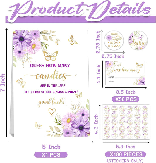 How Many Candies Baby Shower Games, How Many Candies Standing Sign 50 Guessing Cards 180 Baby Shower Candies Stickers, Guess How Many Candies Baby Showers Game Set for Baby Shower Decoration (Purple)