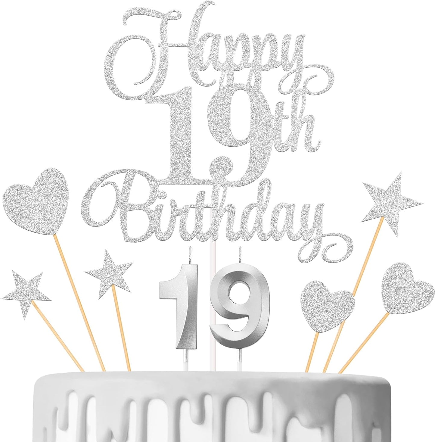 19th Birthday Cake Decorations, 19th Birthday Candles Cake Numeral Candles and Glitter Happy 19th Birthday Cake Toppers Set for Birthday Party Supplies (Silver)