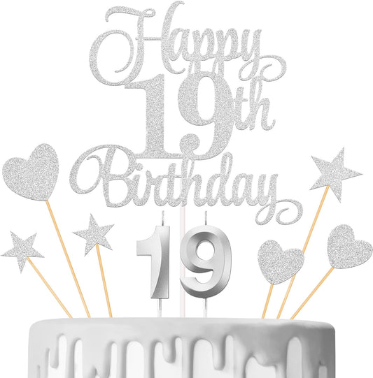 19th Birthday Cake Decorations, 19th Birthday Candles Cake Numeral Candles and Glitter Happy 19th Birthday Cake Toppers Set for Birthday Party Supplies (Silver)