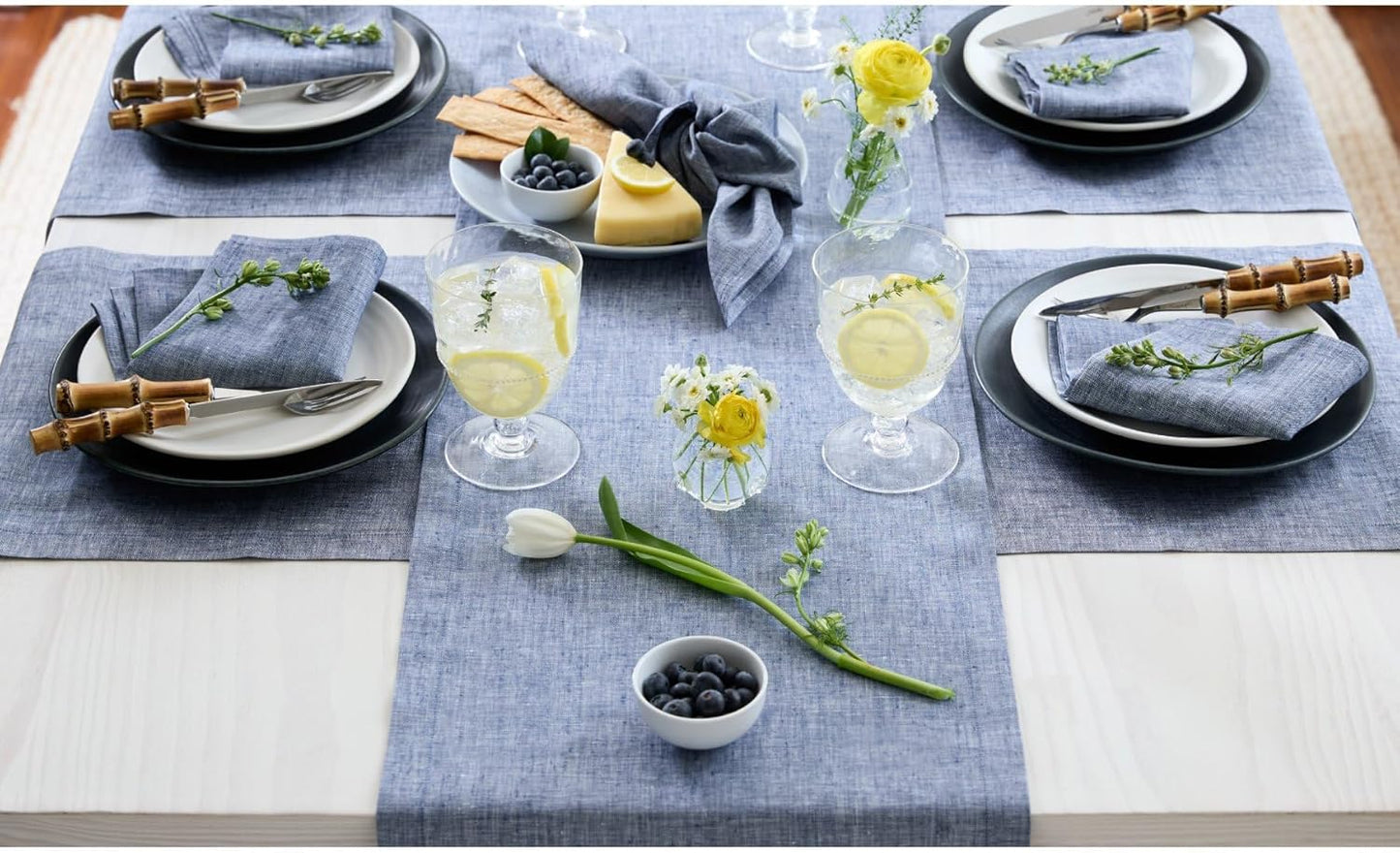 Solino Home Linen Chambray Indigo Table Runner 132 Inches Long - Athena, 100% Pure Linen Dining Table Runner 14 x 132 Inch for Christmas