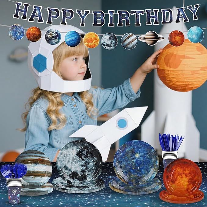 Space Theme Party Decorations,182pcs Galaxy Planet Outer Space Disposable Plates and Napkins Tableware Set,for Space Solar System Planets Baby Shower Birthday Party Decorations,Serve 30