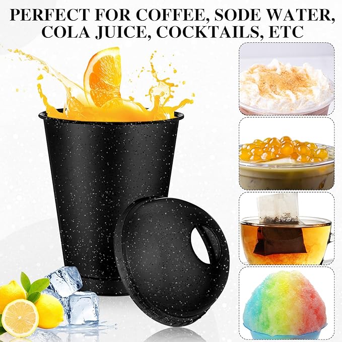 6 Set Slushie Cups with Dome Lids and Straws Detachable Spoon Straws Reusable Plastic Iced Coffee Cups Smoothie Tumbler for Birthdays Summer Party Supplies(Black,16 oz)