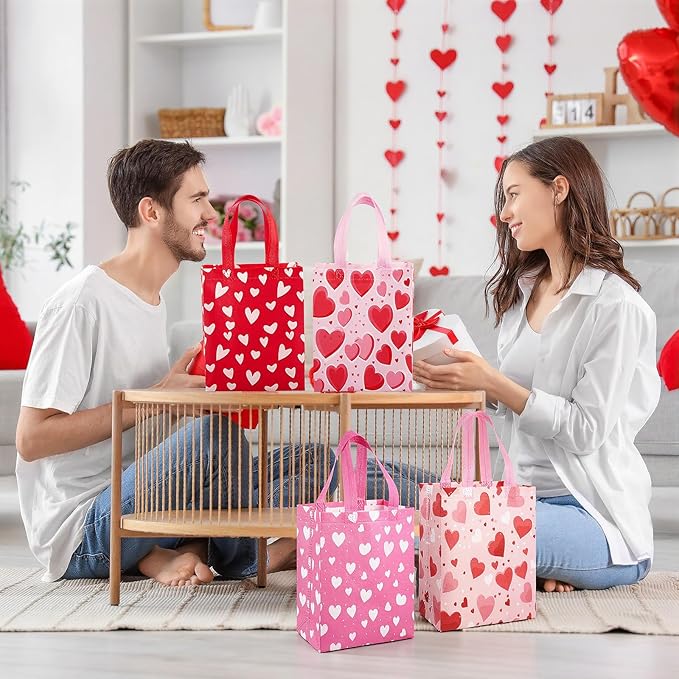 Wesnoy 24 Pcs Valentine's Day Tote Bags Bulk with Handle Heart Reusable Treat Gift Bags Non Woven Gift Wrap for Valentine's Day Wedding Birthday Party Favor Supplies
