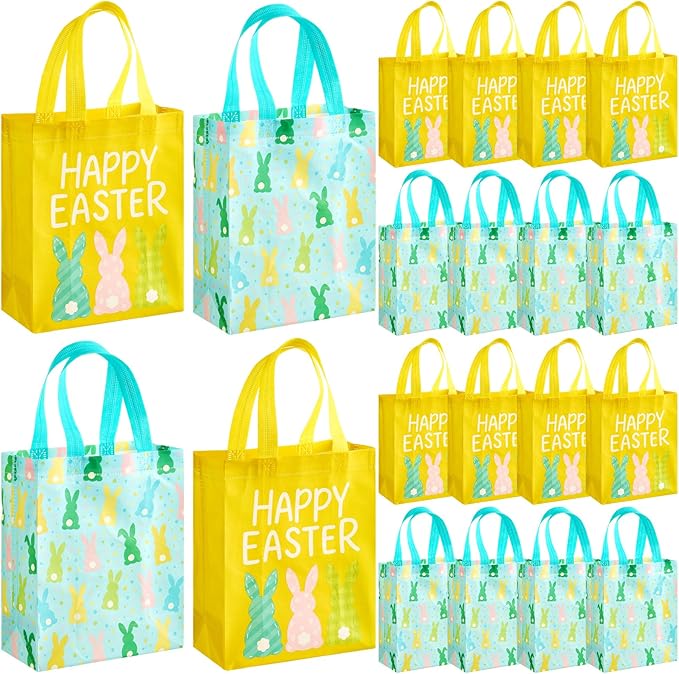 Wovnet 30 Pcs Easter Gift Bags Pastel Colors Easter Bunny Goodie Treat Tote Bags with Handle Reusable Non Woven Rabbit Party Favor Pouch for Spring Party Supplies 10 x 8 x 4in