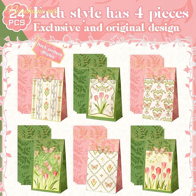 NICROHOME EUR Floral Gift Bags with Butterfly Stickers, 24 Pack Small Kraft Paper Bags Green Pink Tulip Design, Party Favors Bags Bulk for Girls Women Birthday Baby Shower Mother's Day Gift Packing