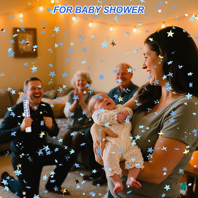 2 Pack Gender Reveal Confetti Cannon, 12 in Blue Star shaped Paper Party Poppers Cannons, Confetti Poppers For Baby Boy Girl Gender Reveal Baby Showers (Star, Blue)