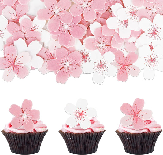 60 PCS Edible Flowers Cake Decorations Pink Edible Cherry Blossoms Flowers Cupcake Toppers Wafer Paper Flowers Cupcake Picks for Baby Shower Kids Birthday Party Food Decorations Supplies