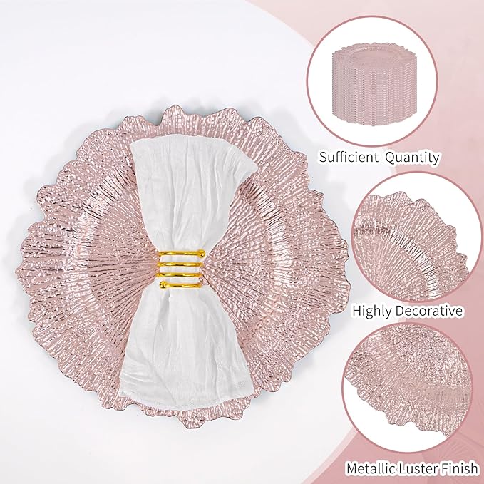 24 Pcs Rose Gold Charger Plates Bulk 13 Inch Plastic Charger Plates for Dinner Plate, Rose Gold Chargers for Table Setting, Reef Design Plate Floral Decorative Round Chargers for Wedding Party, Event