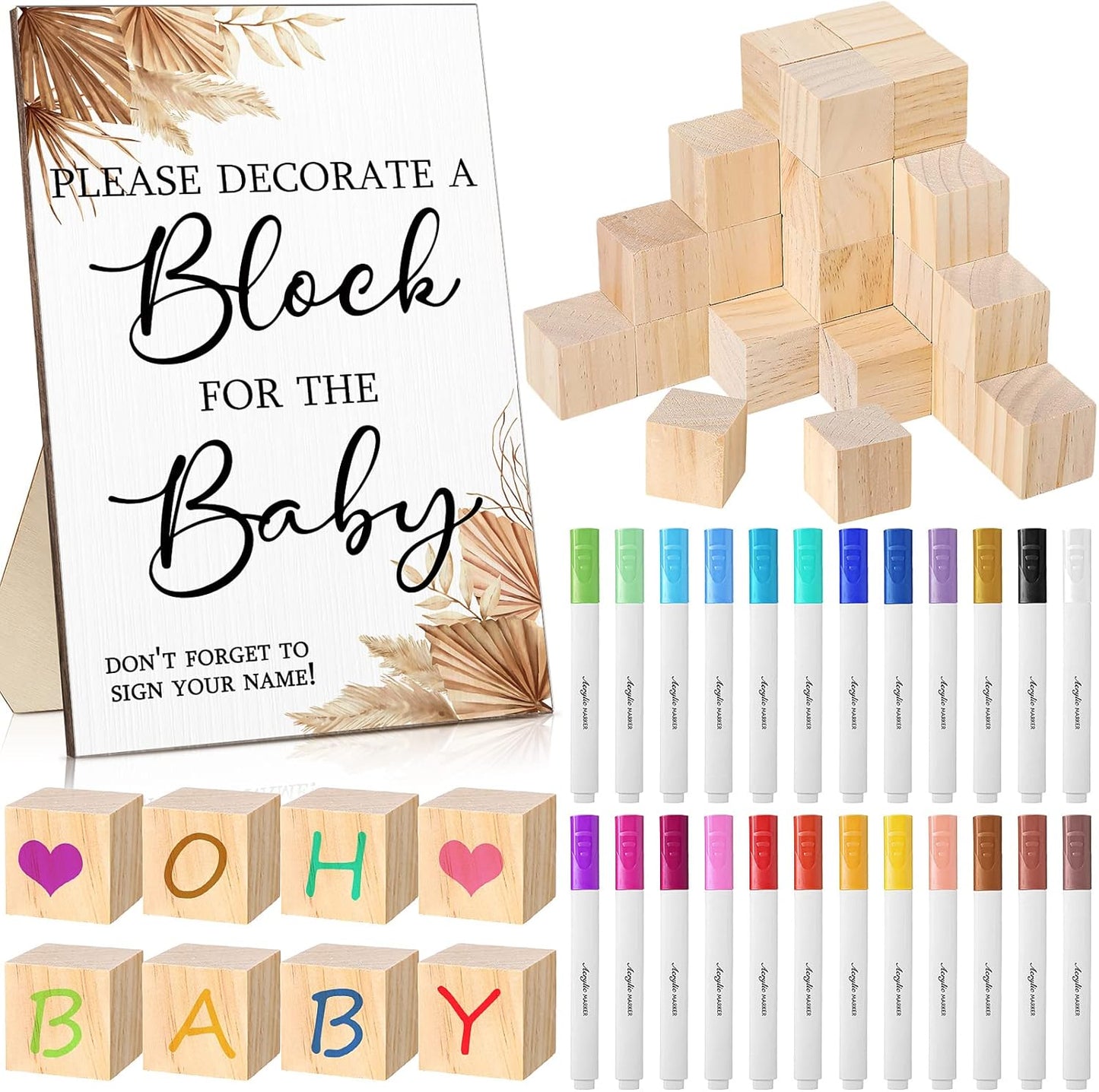 Tatuo 75 Pcs Baby Shower Games Sign Kit Including Decorate a Block Game Sign 50 DIY Wooden Block 24 Acrylic Paint Marker Baby Shower Prize for Gender Reveal Party(Boho)