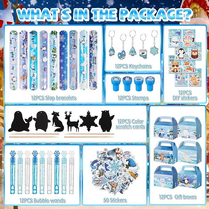 Vanblue 134Pcs Winter Wonderland Party Favors Winter Polar Animal Party Decoration Christmas Holiday Exchange Gifts Boxes Classroom Rewards Prizes Goodie Bag Stuffers Supplies